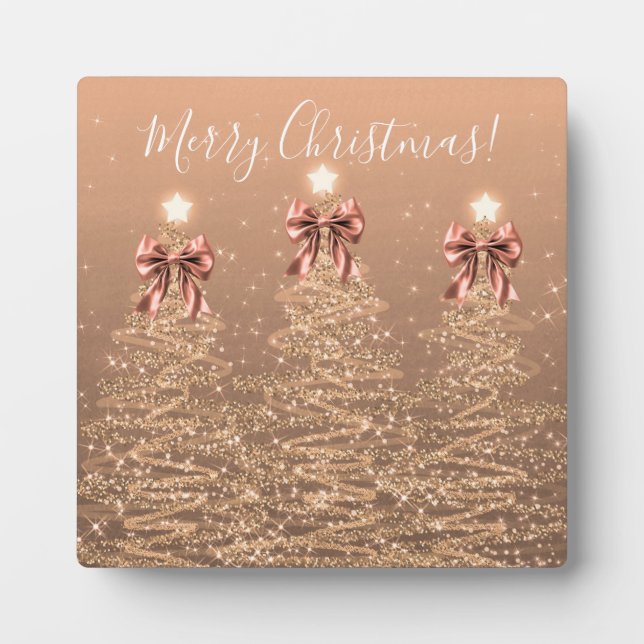 Elegant Holiday Rose Gold Christmas Trees Bows Plaque (Front)