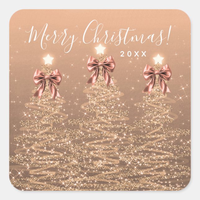Elegant Holiday Rose Gold Christmas Trees Bows Square Sticker (Front)