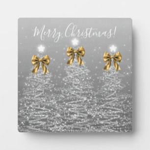 Elegant Holiday Silver Christmas Trees Gold Bows Plaque