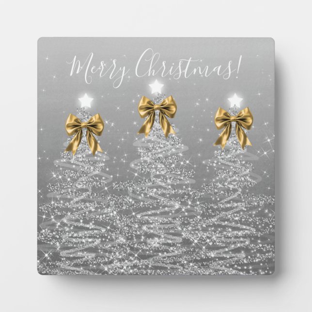 Elegant Holiday Silver Christmas Trees Gold Bows Plaque (Front)