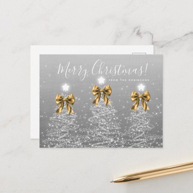 Elegant Holiday Silver Christmas Trees Gold Bows Postcard (Front/Back In Situ)