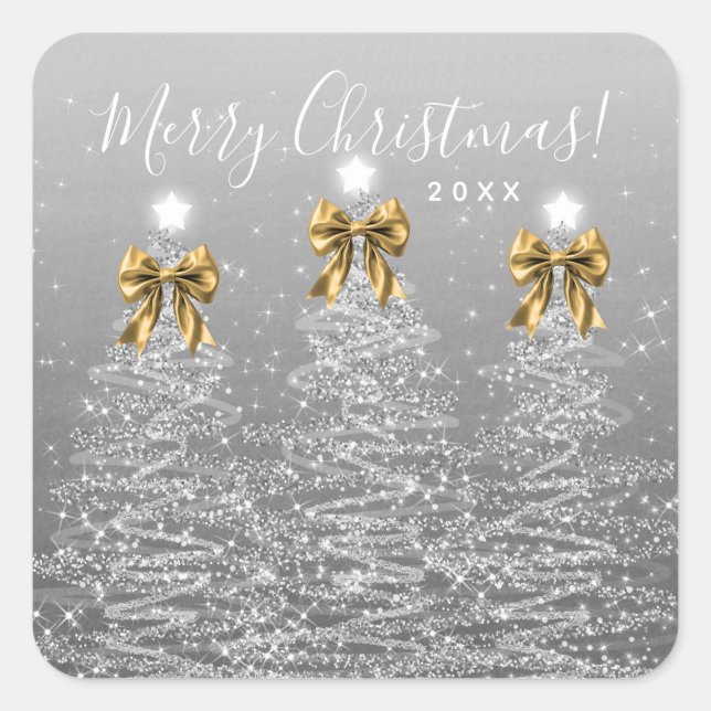Elegant Holiday Silver Christmas Trees Gold Bows Square Sticker (Front)