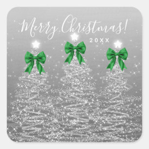 Elegant Holiday Silver Christmas Trees Green Bows Square Sticker