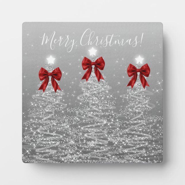 Elegant Holiday Silver Christmas Trees Red Bows Plaque (Front)