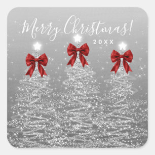 Elegant Holiday Silver Christmas Trees Red Bows Square Sticker