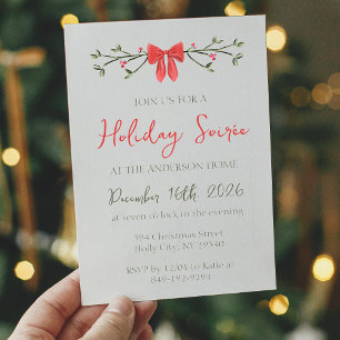 Elegant Holiday Soirée Bow and Holly Red and Green Invitation