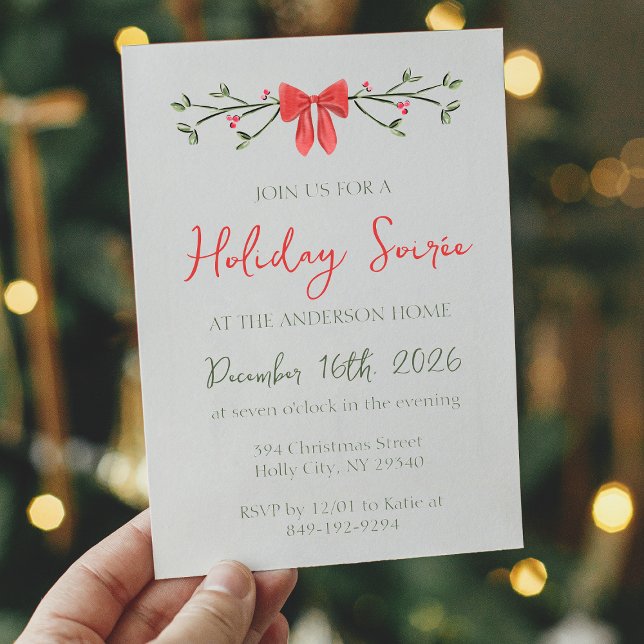 Elegant Holiday Soirée Bow and Holly Red and Green Invitation (Creator Uploaded)