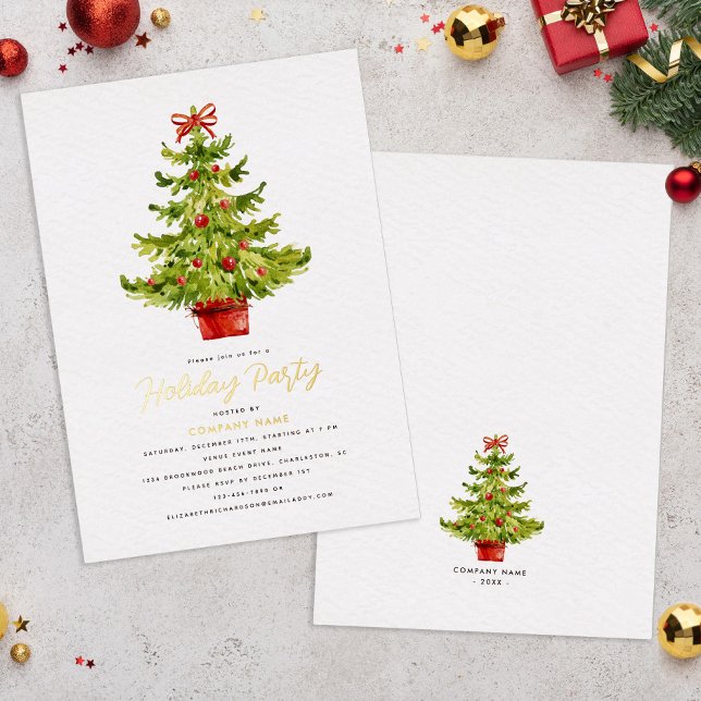 Elegant Holiday Tree Company Party  Real Gold (Elegant Holiday Tree Company Party Real Gold Foil Invitation)