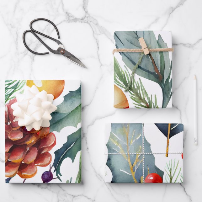 Elegant Holiday Watercolor Christmas Wrapping Paper Sheet (Front)