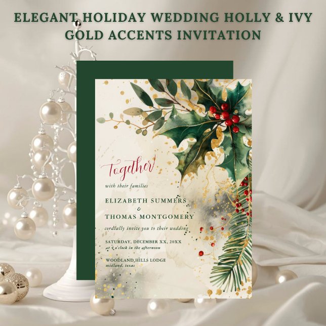 Elegant Holiday Wedding Holly & Ivy Gold Accents Invitation (Elegant Holiday Wedding Holly & Ivy Gold Accents Invitation)
