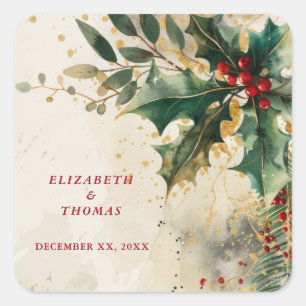 Elegant Holiday Wedding Holly & Ivy Gold Accents Square Sticker