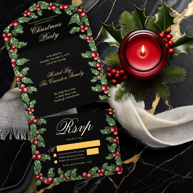 Elegant Holly and Berries Frame Christmas Party All In One Invitation (Elegant Holly and Berries Frame Christmas Party All in One Invitation - Black Background)