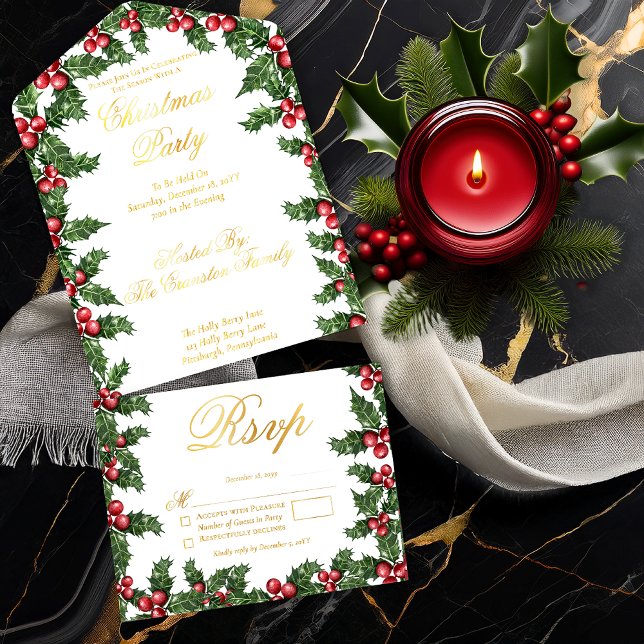 Elegant Holly and Berries Frame Christmas Party All In One Invitation (Elegant Holly and Berries Frame Christmas Party All in One Invitation - White | White)