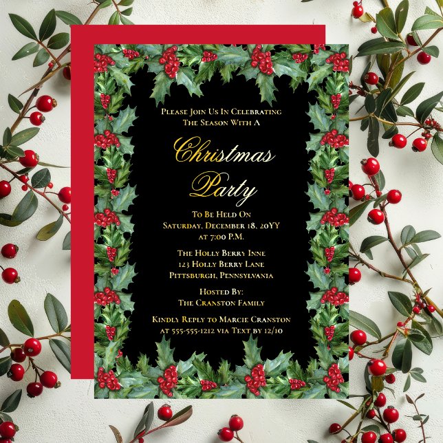 Elegant Holly and Berries Frame Christmas Party Foil Holiday Card (Elegant Holly and Berries Frame Christmas Party Gold Foil Holiday Invitation)