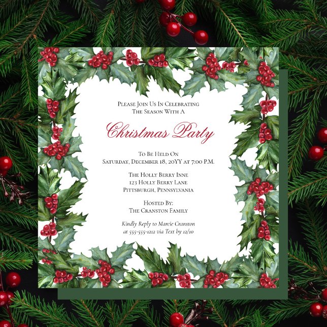 Elegant Holly and Berries Frame Christmas Party Invitation (Creator Uploaded)
