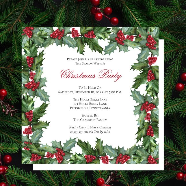 Elegant Holly and Berries Frame Christmas Party Invitation (Creator Uploaded)