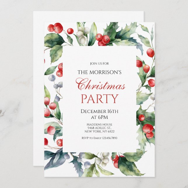 Elegant Holly and Berries Frame Christmas Party Invitation (Front/Back)