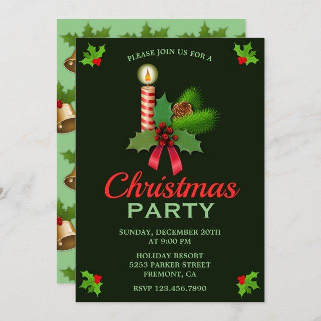 Elegant Holly and Candle | Christmas Party Invite (Front/Back)