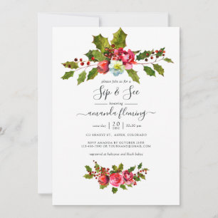 Elegant Holly and Ivy Christmas Sip and See Charm Invitation