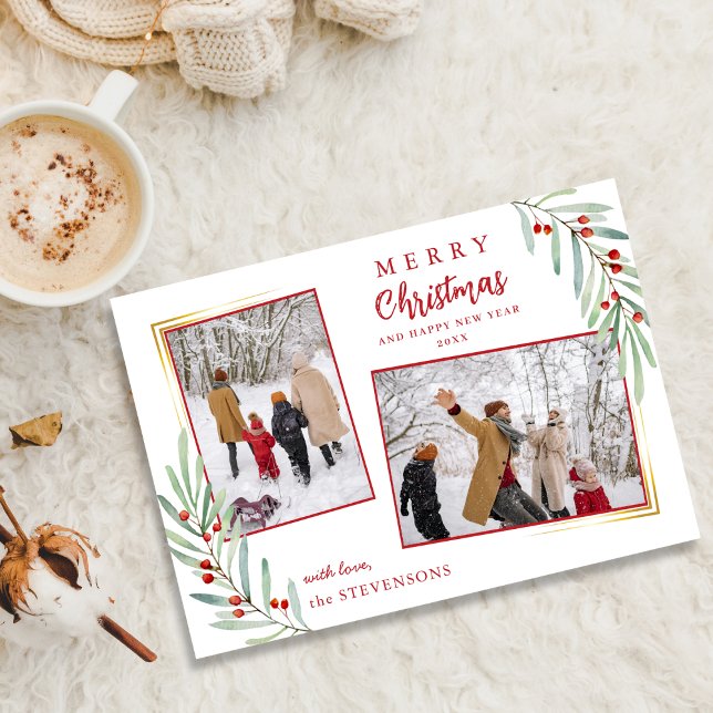 Elegant Holly Berries 2 Photo Red Merry Christmas  Holiday Card (Creator Uploaded)