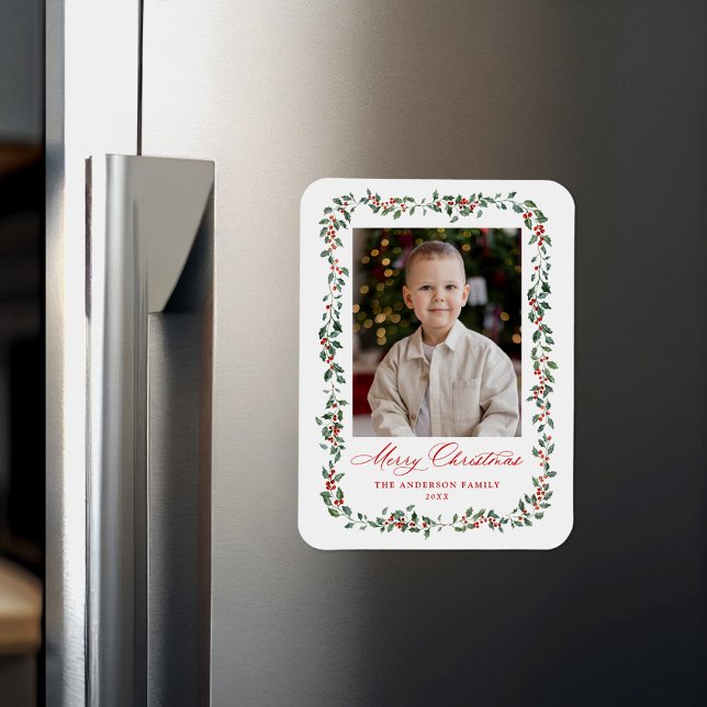 Elegant Holly Berries and Greenery Holiday Photo Magnet (Creator Uploaded)