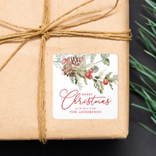 Elegant Holly Berries and Pine Cones Christmas Square Sticker