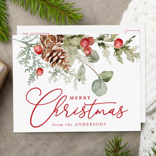 Elegant Holly Berries and Pine Cones Non-Photo Holiday Postcard (Creator Uploaded)