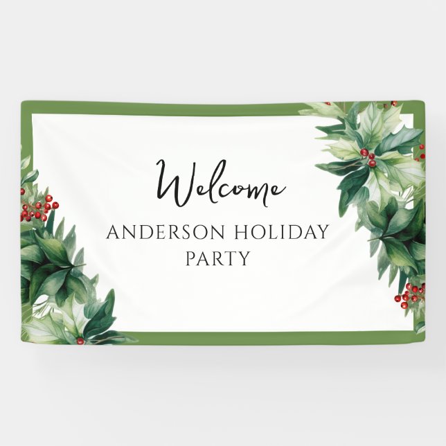 Elegant Holly Berries Christmas Party Welcome  Banner (Horizontal)