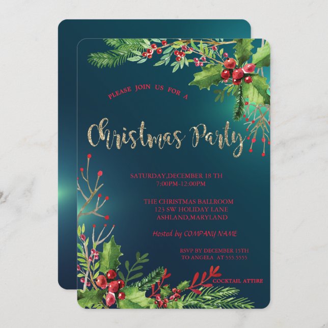 Elegant Holly Berries Company Christmas Party Invitation (Front/Back)