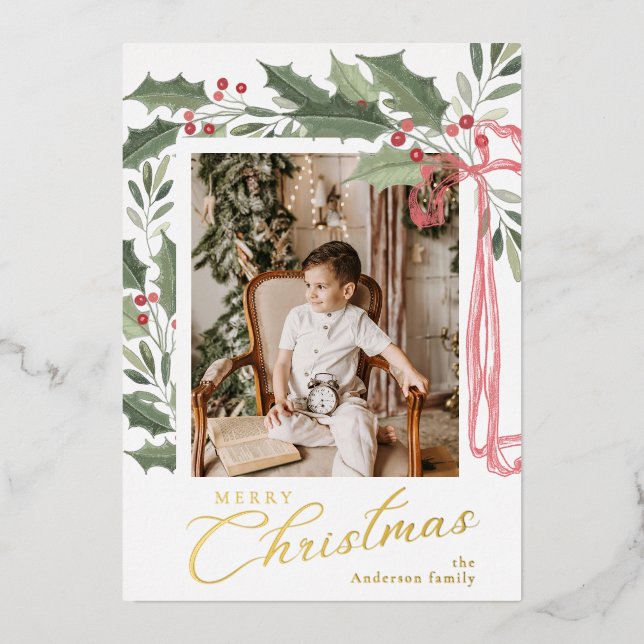 Elegant Holly Berries | Family Photo Christmas Foil Holiday Card (Front)