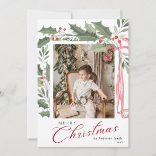 Elegant Holly Berries Family Photo Christmas Holiday Card