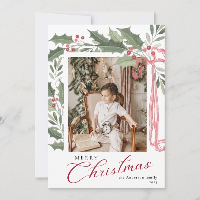 Elegant Holly Berries | Family Photo Christmas Holiday Card (Front)