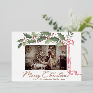 Elegant Holly Berries Foliage   Photo Christmas Foil Holiday Card