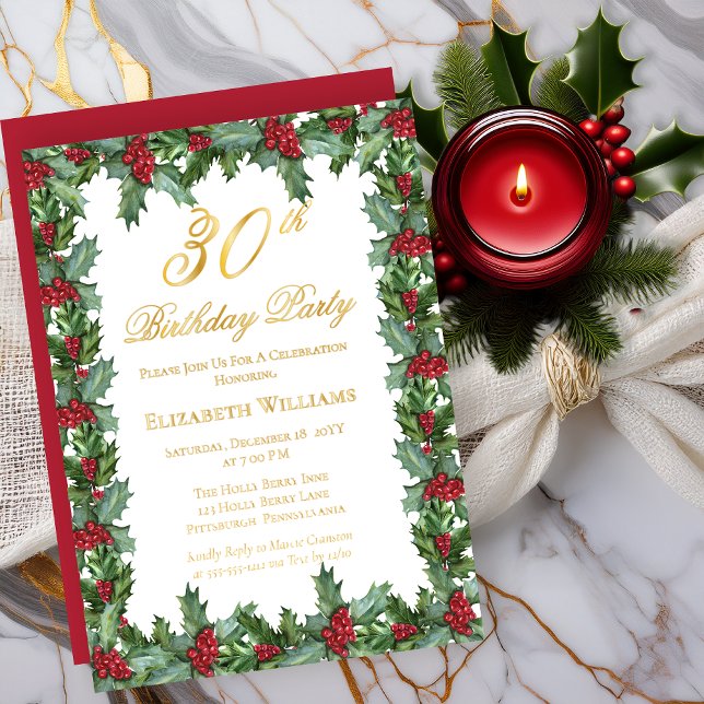 Elegant Holly | Berries Frame 30th Birthday Party (Elegant Holly and Berries Frame 30th Birthday Party Real Gold Foil Invitations)