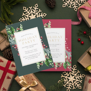 Elegant Holly Berries Green Holiday Party Invitation