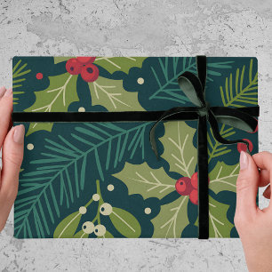 Elegant Holly Berries Greenery Christmas Gift Wrapping Paper