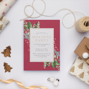 Elegant Holly Berries Greenery Red Holiday Party  Invitation