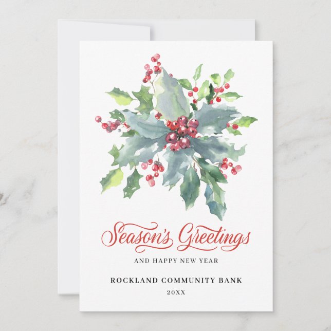 Elegant Holly Berries Non-Photo 2022 Corporate Holiday Card (Front)