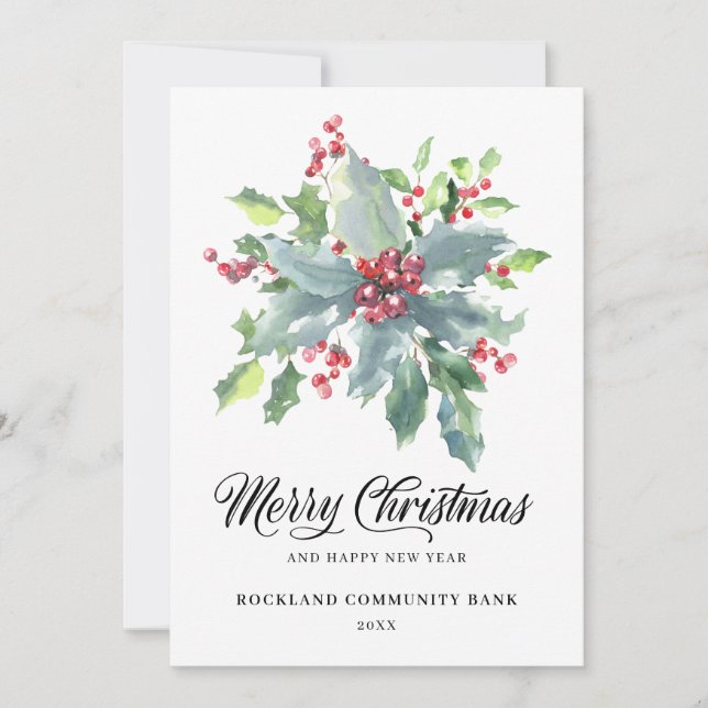 Elegant Holly Berries Non-Photo 2022 Corporate Holiday Card (Front)