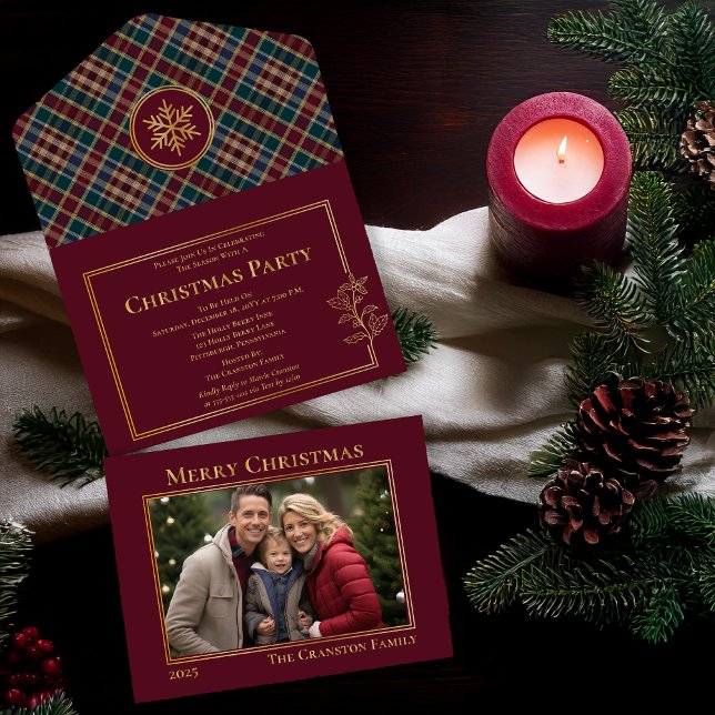 Elegant Holly Berries Plaid Photo Christmas Party All In One Invitation (Elegant Holly and Berries with Plaid Photo Christmas Holiday Party Gold Tone | Cranberry Invitations)