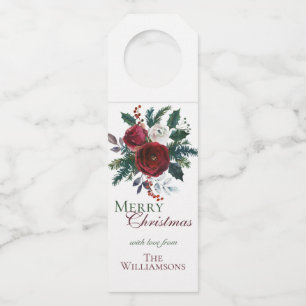 Elegant Holly Berries Red Green Floral Christmas Bottle Tag