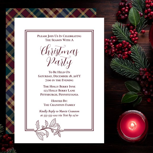 Elegant Holly | Berries Rich Plaid Christmas Party Holiday Card (Elegant Holly and Berries with Rich Plaid Christmas Party Invitations - White | Dark Cranberry Red)