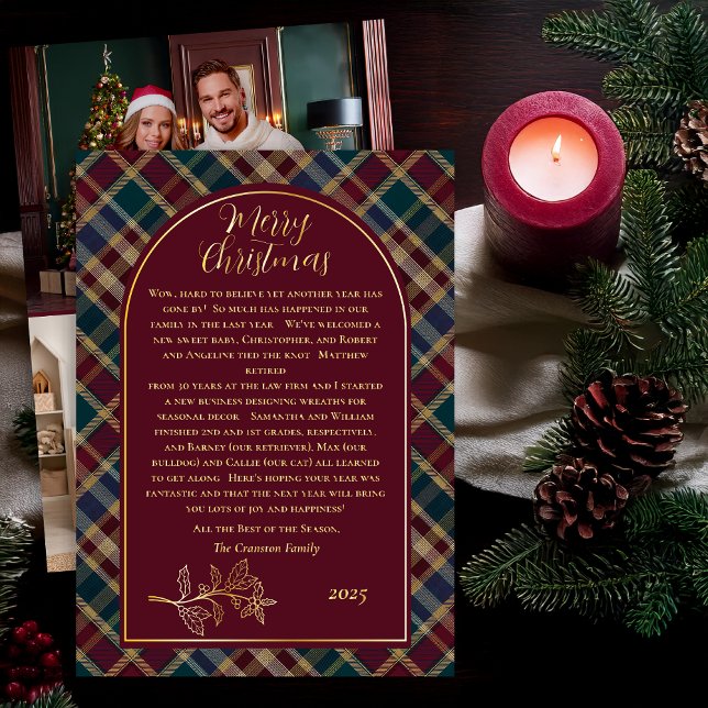 Elegant Holly | Berries Rich Plaid Christmas Photo Foil Holiday Card (Elegant Holly and Berries and Rich Plaid Three-Photo Merry Christmas Holiday Letter Greeting Card)