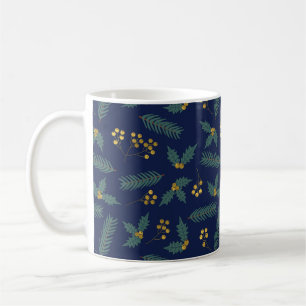 Elegant Holly Berry Christmas Botanical Blue Gold Coffee Mug