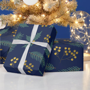 Elegant Holly Berry Christmas Botanical Blue Gold Wrapping Paper