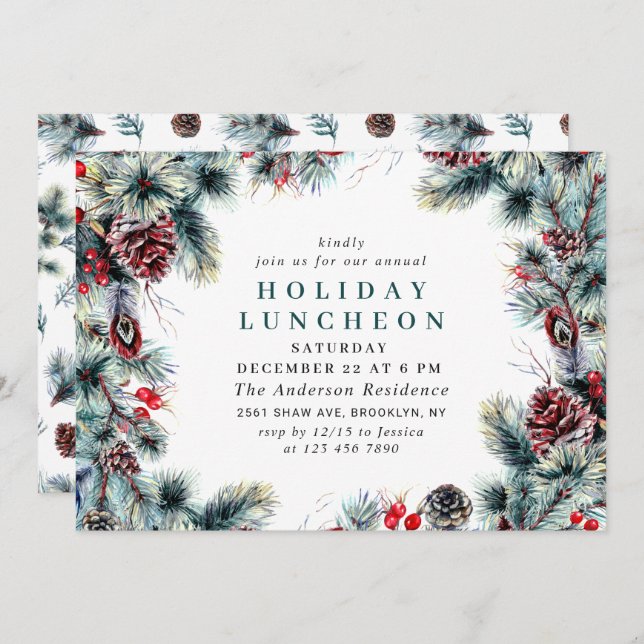 Elegant Holly Berry Christmas HOLIDAY LUNCHEON Invitation (Front/Back)