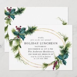 Elegant Holly Berry Christmas HOLIDAY LUNCHEON Invitation