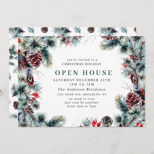 Elegant Holly Berry CHRISTMAS HOLIDAY OPEN HOUSE Invitation (Front/Back)