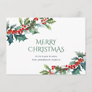 Elegant Holly Berry Christmas Mistletoe Greeting Holiday Card