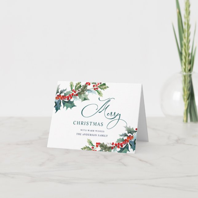Elegant Holly Berry Christmas Mistletoe Greeting Holiday Card (Front)